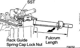 c. Using a hexagon wrench to hold the rack guide spring cap, and using SST, torque the lock nut. SST 09922 10010 Torque: 51 Nm (520 kgf cm, 38 ft. lbs.