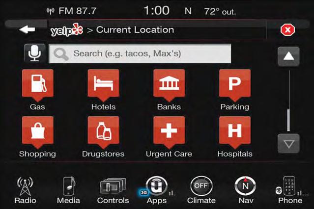 ELECTRONICS Yelp (8.4/8.4 NAV) Once registered with Uconnect Access, you can use your voice to search for the most popular places or things around you. 1. Push the VR button.