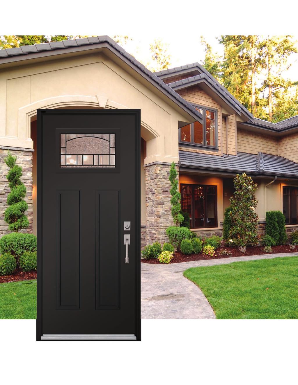 THIS PAGE: Black Basic Victoria Shaker Door* with Bistro Glass and Schlage Century Handleset in Satin Nickel. Also available with Clear Glass.