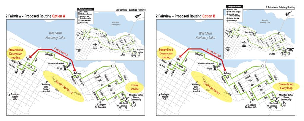 2 Fairview Routing Proposal: This proposal presented two options, with Option A providing two-way service along the same corridor to and from Downtown and Option B providing a loop on the end in the
