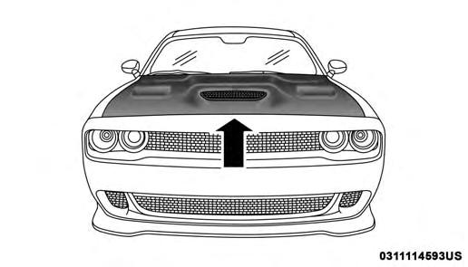 2. Move to the outside of the vehicle, the safety catch is located under the center front edge of the hood. 3.