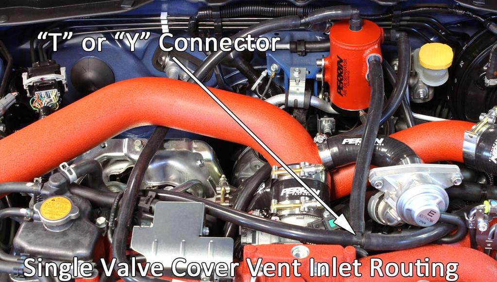 Using supplied 1/2" emissions hose connect T junction to 1/2" fitting installed on AOS valve cover vent inlet port. See picture below showing example on a 2002-2007 WRX/2004+ STI models.