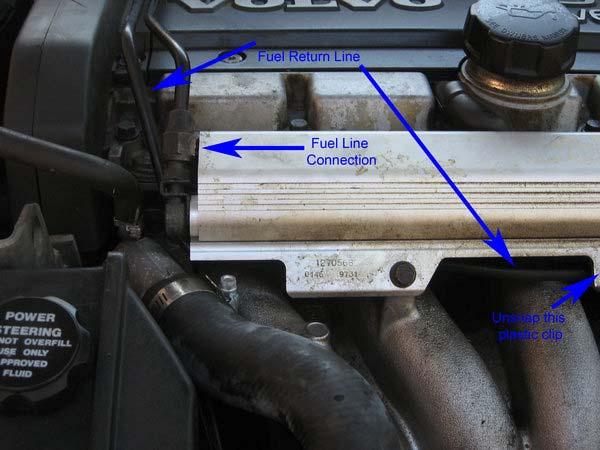 Bend the fuel line slightly up and out of the way so you can remove the manifold.