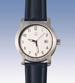 With stainless steel case and a black leather strap with stainless steel