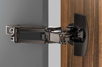 Fast assembly concealed hinge with integrated Silent System Sensys 8657i in obsidian black, zero protrusion hinge 165 opening angle Hett CAD Concealed hinge with clip on installation and integrated