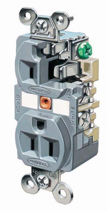 HBL Extra Heavy Duty Duplex Receptacles Features and Benefits One-piece nickel-plated brass integral ground strap for greater corrosion resistance Patented ground contact provides redundant grounding