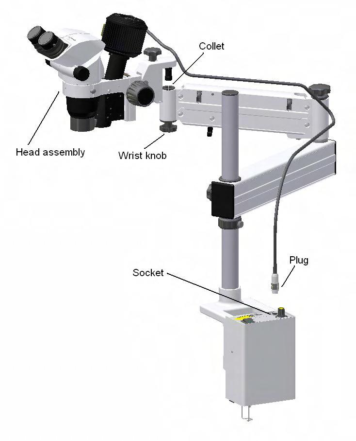 3. Locate the microscope head assembly in the end of the arm assembly. Make sure the microscope assembly is seated all the way down in the collet.
