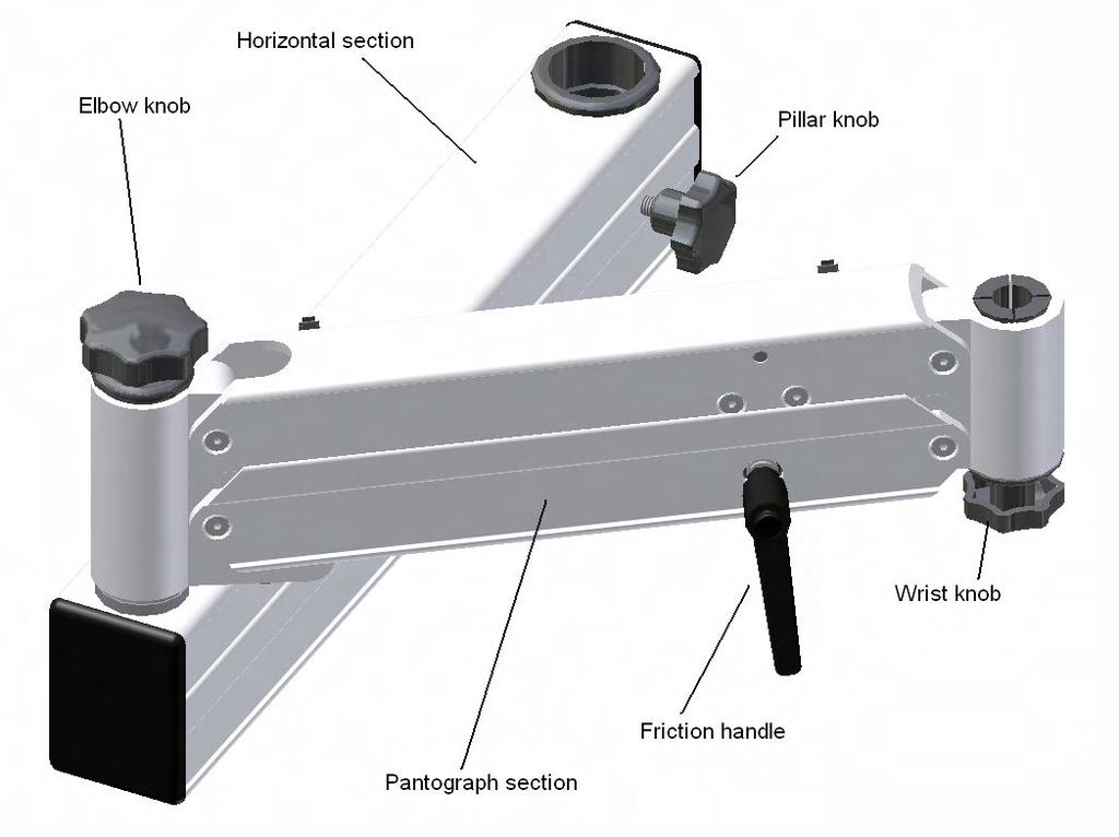 The arm assembly includes a number of features which enable the microscope to be adjusted in almost any position.