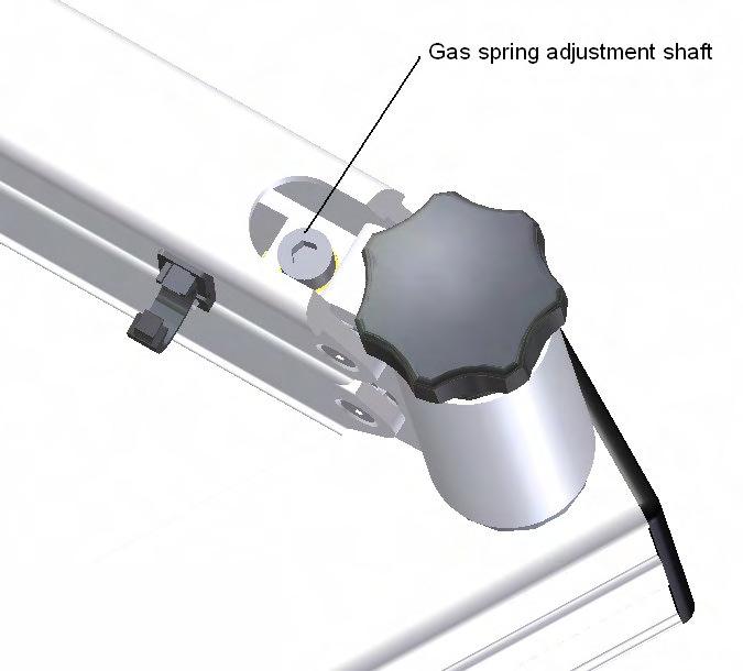 The microscope arm is fitted with an adjustable gas spring. By adjusting the position of one end of the gas spring, the amount of upward force can be changed.