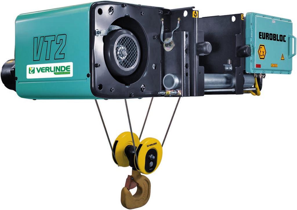 EUROBLOC VT Electric sparkproof wire rope hoist For loads from 800 to 80,000 kg Main technical features Protection rating : Ex II 3G c IIB T3 (Zone 2) as standard 2-speed hoisting motor with