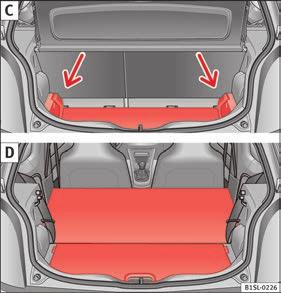 B: raised boot variable floor. Fig. 133 C: extend the boot downward. D: extend the boot forward. Raise and lower the boot floor To raise the floor, raise handle Fig.