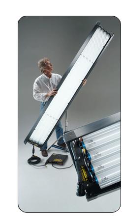 The 8ft and 6ft Mega 4Bank DMX lighting systems are the largest portable soft lights designed by Kino Flo.