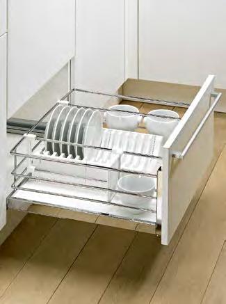 Base unit interior fittings Pot-and-pan drawer with non-slip coating With 3-dimensional adjustable front panel connection For carcase sides 16-19 mm thick Minimum carcase depth inside 495 mm For 800