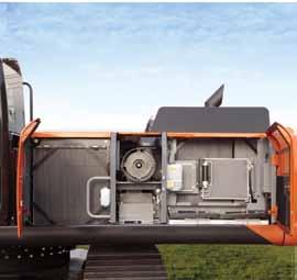 On the exterior of the ZAXIS 350, the air conditioning condenser can be easily opened for cleaning the condenser and radiator.