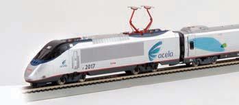 The Acela Express set comes complete with dual locomotives (one powered, one nonpowered), a first class passenger car, business class passenger car, and Café Acela car.
