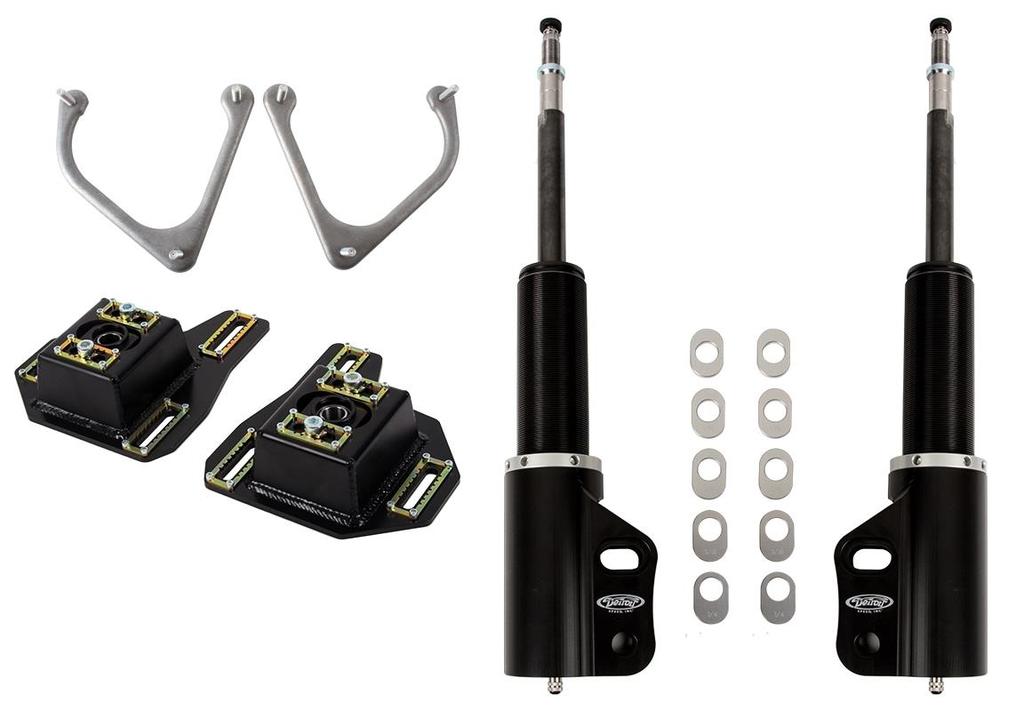 The kit is a direct bolt-on assembly that includes the Detroit Speed Caster/Camber Plate Kit.