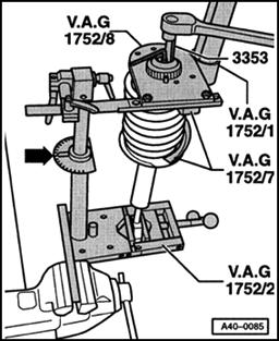 Page 14 of 16 40-51 Fig. 7 Installing upper spring plate - Set angle scale (arrow) on VAG1752/2 spring mounting tool to 0. - Install upper spring plate, washer and suspension strut mount.