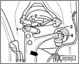 Page 3 of 16 40-40 - Remove nut -1- and bolt, then pull both links -2- upward and out. - Swivel wheel bearing housing aside in direction of arrow. CAUTION!