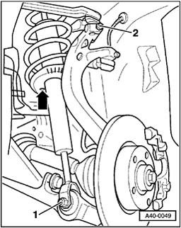 Page 5 of 16 40-42 Installing - Install suspension strut. Hole in spring plate (arrow) faces toward middle of vehicle. CAUTION! The bonded rubber bushings can only be turned to a limited extent.
