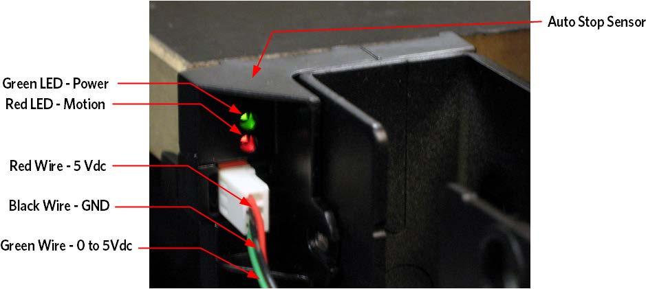 Figure 19: Auto Stop LED's and Wire Connector 10 The connector has 3 wires (red, black, and green), which can be metered for troubleshooting. Unplug the Auto Stop connector from the Auto Stop Sensor.