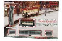 Courtesy of the Norman Rockwell Family Agency 56" x 38" Oval Auto-Reversing, Battery-Operated x4 On30 Scale Norman Rockwell's Main Street Christmas Streetcar Set with electronic auto-reversing nickel