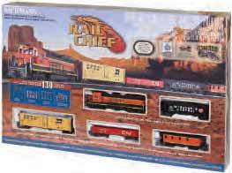 This ready-to-run train set includes: EMD GP40 diesel locomotive with operating headlight open quad hopper gondola steel reefer off-center caboose