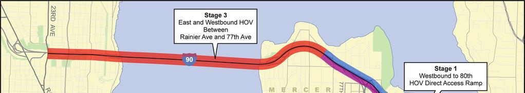 Exhibit 3-3 is a schematic of the three stages of the I-90 Two Way Transit and HOV Operations Project, and Exhibit 3-4 provides the I-90 configurations between Seattle and Mercer Island with and