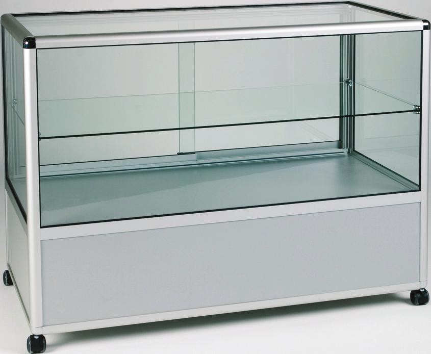 All the showcases and counters are available as standard using a matt silver anodised profile complemented with standard grey infills, or if