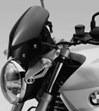 Model specific accessories R 1200 R Aerodynamics Sport windshield Compact in size, the sport windshield offers protection from the wind and rain. A tinted version (illustrated) is also available.