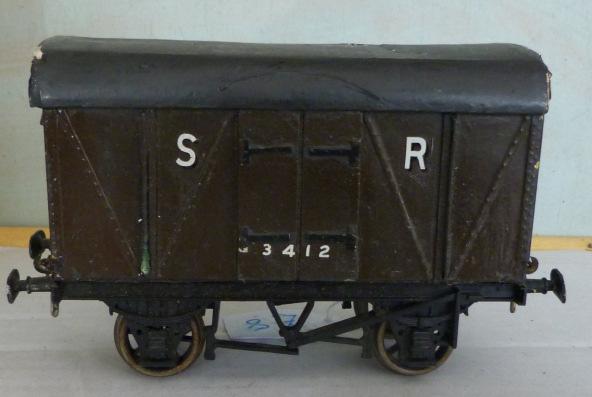 ' lettering. With axles and wheels. 1.382 Unidentified, believed built from a kit, wood 7-plank Open Wagon, finished black with 'S.R. lettering. Lacks both axles and wheels.