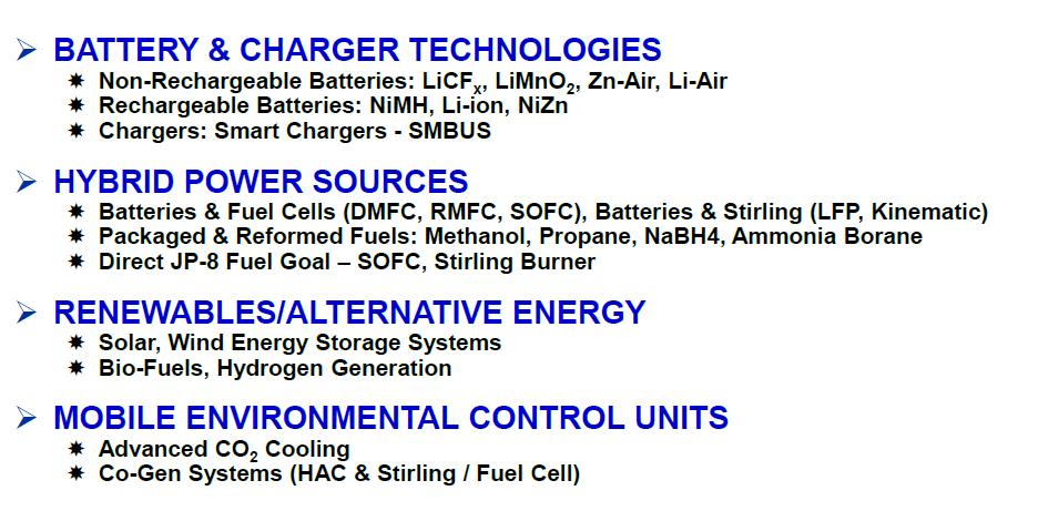 Army Power Technology Thrusts ~ BATTERY & CHARGER TECHNOLOGIES * Non-Rechargeable Batteries: LiCFx, LiMn0 2, Zn-Air, Li-Air * Rechargeable Batteries: NiMH, Li-ion, NiZn * Chargers: Smart Chargers -