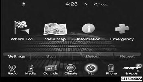 208 UNDERSTANDING YOUR INSTRUMENT PANEL Navigation (8.4AN) The Uconnect navigation feature helps you save time and become more productive when you know exactly how to get to where you want to go. 1.