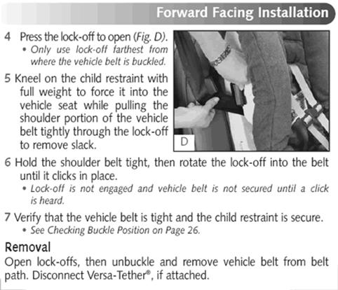 The lock-off is always used nearest the latch plate just like a locking clip. A lock-off generally on convertible seats is nearer the retractor currently.