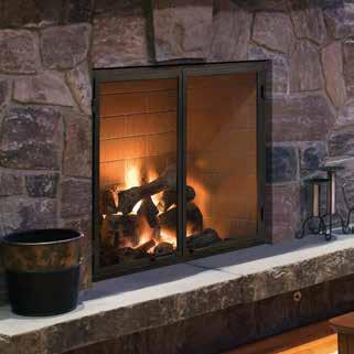 Rutherford shown with traditional refractory, mesh cabinet-style doors and fireside grand oak gas log set.