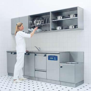 design to provide plenty of storage for clean goods in wall-mounted cabinets.
