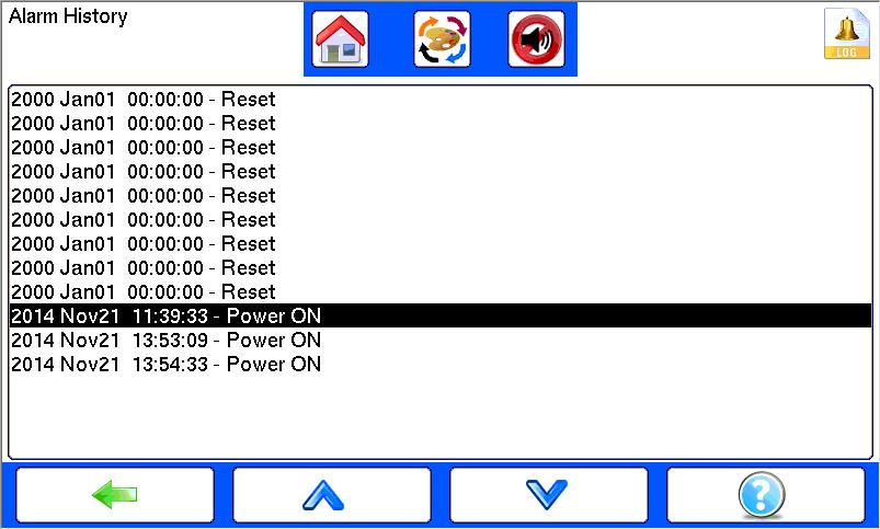 7.7: Alarm History Use this screen to see the system s last 40 events. All events are saved to the system USB flash drive. To view alarms before the last 40 copy the alarm log from the USB.