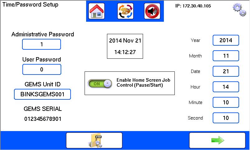 7.9.10: Time/Password Setup Passwords and current date and time can be entered here. The current date and time is used to time stamp events in the Alarm History screen.