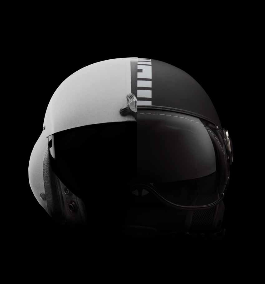 REINVENTED MOTORCYCLE DEMI-JET FGTR The inspiration for the shape comes from military helicopter helmets with their rounded visors.