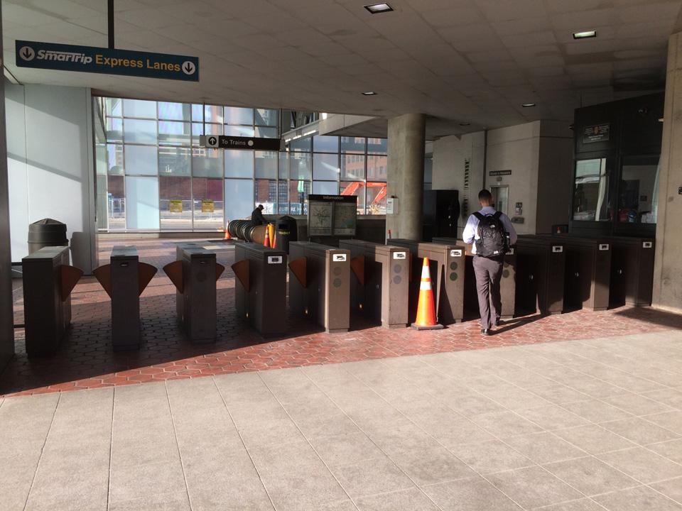 The West Mezzanine entrance facilities are located at street level, while the East Mezzanine entrance facilities are located below grade, above the platform level.