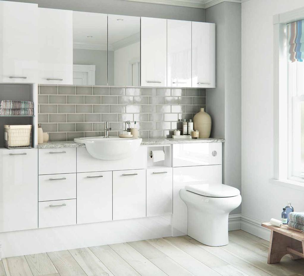 family bathroom. Main image: White Gloss Slab Design option: From the fitted range using floor mounted cabinets with a plinth.