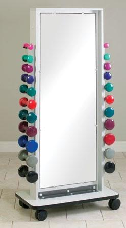 62 cm) Full length glass mirror with polished edges and ANSI 297 safety backing Strong polycarbonate dumbbell rods are angled for added stability Holds up to 32 cuff weights, 22