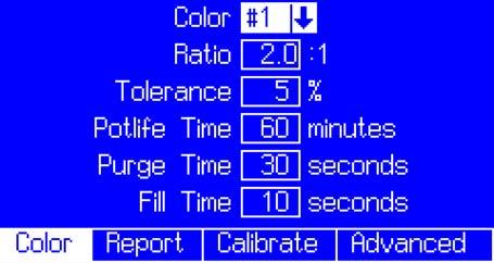 Setup Mode Color Screen Color Screen Dropdown list Potlife Time Set the potlife time from 1 999 minutes in increments of 1 minute.