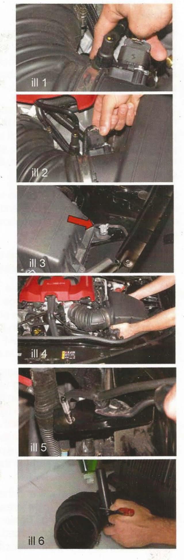 Remove stock air intake 1) Disconnect the small breather fitting-pull up slightly on the small release lever, then push it clockwise appr. 1/4" Pull straight upwards to remove the fitting. (ill.