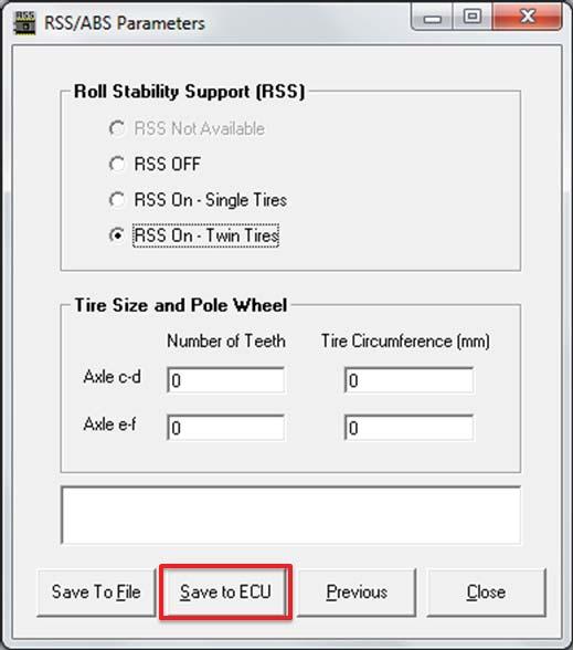 7. From the RSS/ABS Parameters screen, ensure that one of the RSS On options is selected, then press the Save to ECU button at the bottom of the screen. Figure 9.