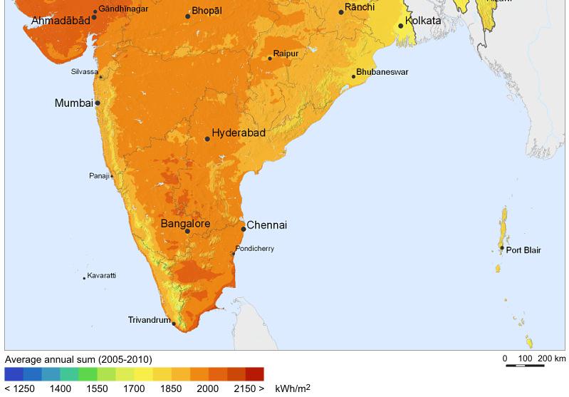 Almost all parts of India receive 4-7 kwh of solar radiation per