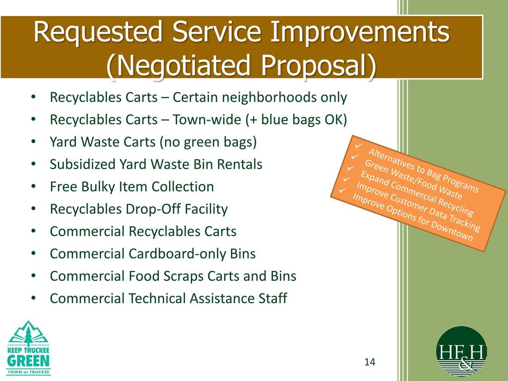 Requested Service Improvements Negotiated Proposal) Recyclables Carts Certain neighborhoods only Recyclables Carts Town -wide (+ blue bags OK) Yard Waste Carts (no green bags) Subsidized Yard Waste