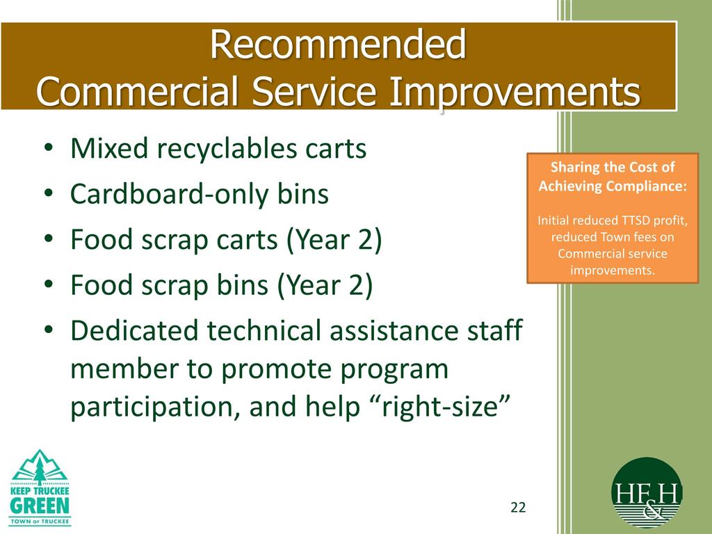 Recommended Commercial Service Improvements Mixed recyclables carts Cardboard-only bins Food scrap carts (Year 2) Food scrap bins (Year 2) Dedicated technical assistance staff