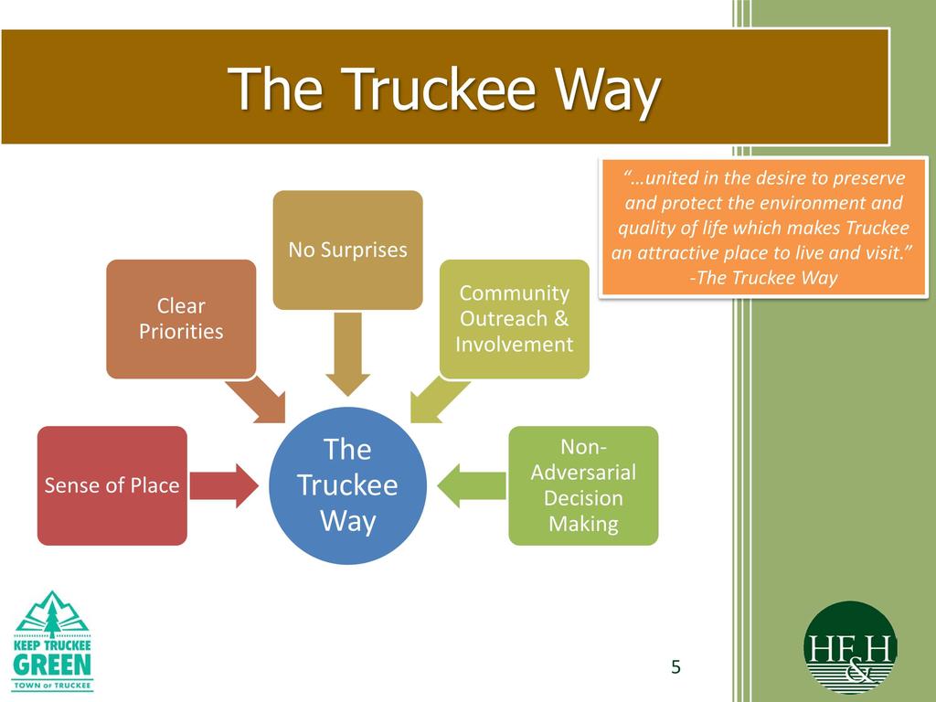 The Truckee Way Clear Priorities No Surprises Community Outreach & Involvement united in the desire to preserve and protect the environment and