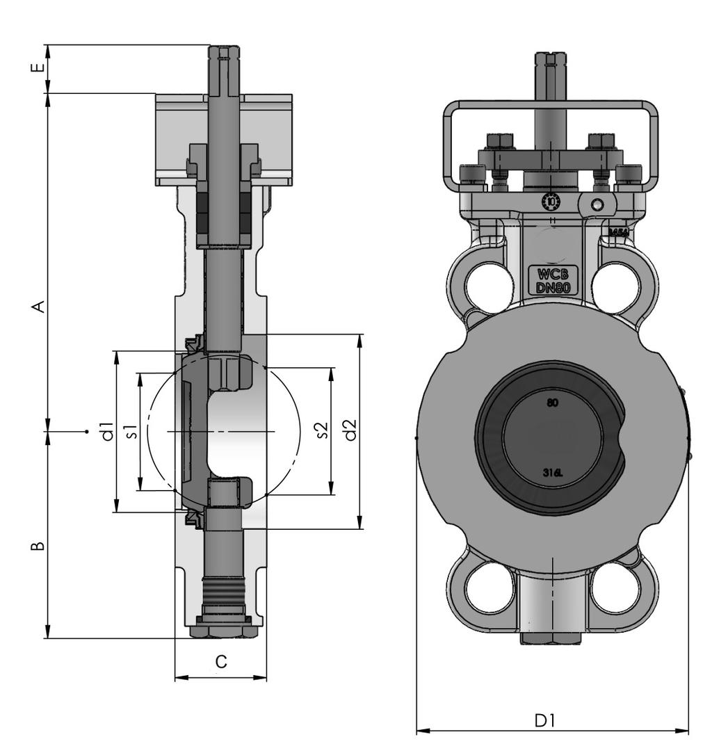Double eccentric butterfly valves B-1F6 CHARACTERISTIC: Diameter - 50 800 mm; Pressure - 50 bar; Temperature from -100 ºC up to +500 ºC (for body material 216 WCB from -29 ºC) VERSIONS: type /