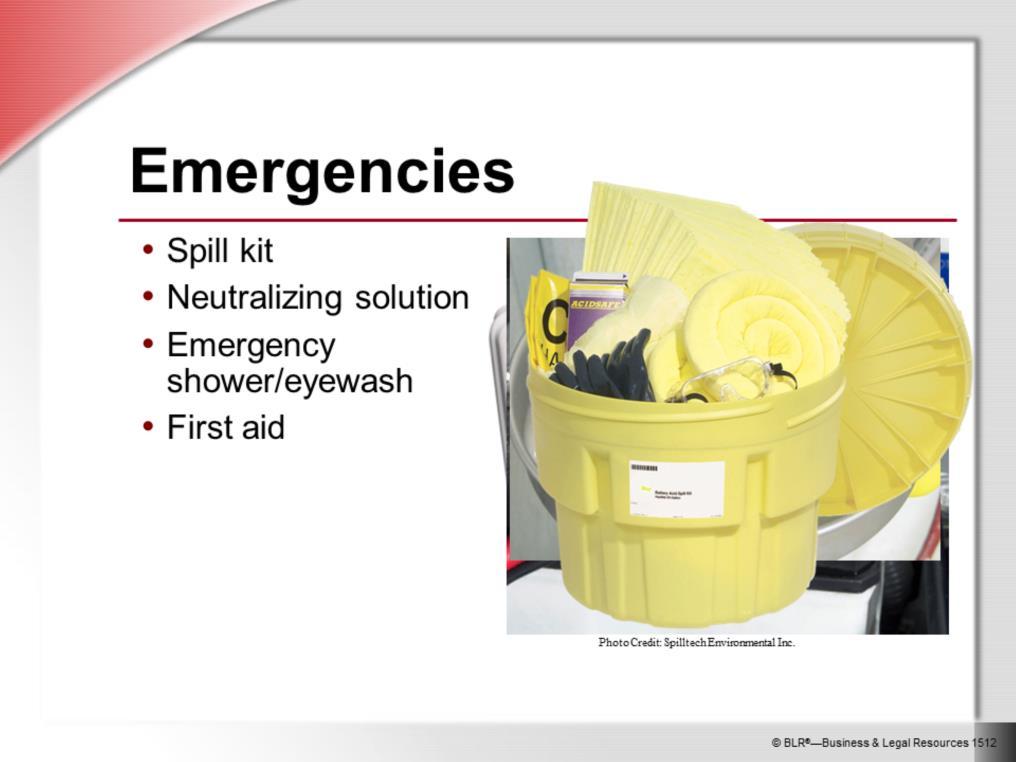 The designated battery charging and storage area is equipped with a spill kit specifically designed for acid spills.